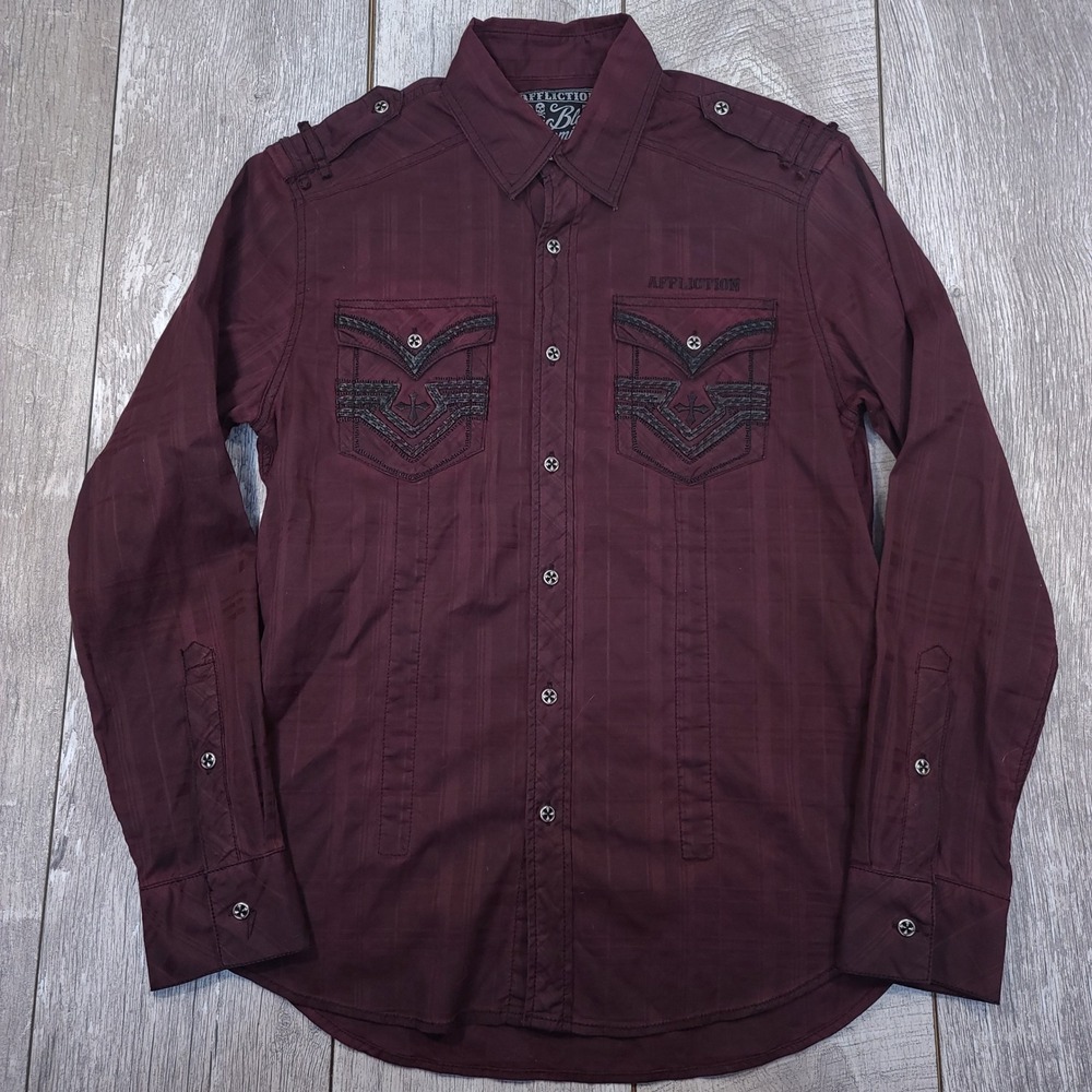 Affliction Button Shirt Mens Medium Burgundy Slim Fit Embroidered Buckle Y2K